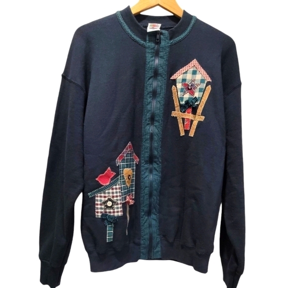 Large Birdhouse Cotton Blend Embroidered Zippered Hooded Sweatshirt - Picture 1 of 9